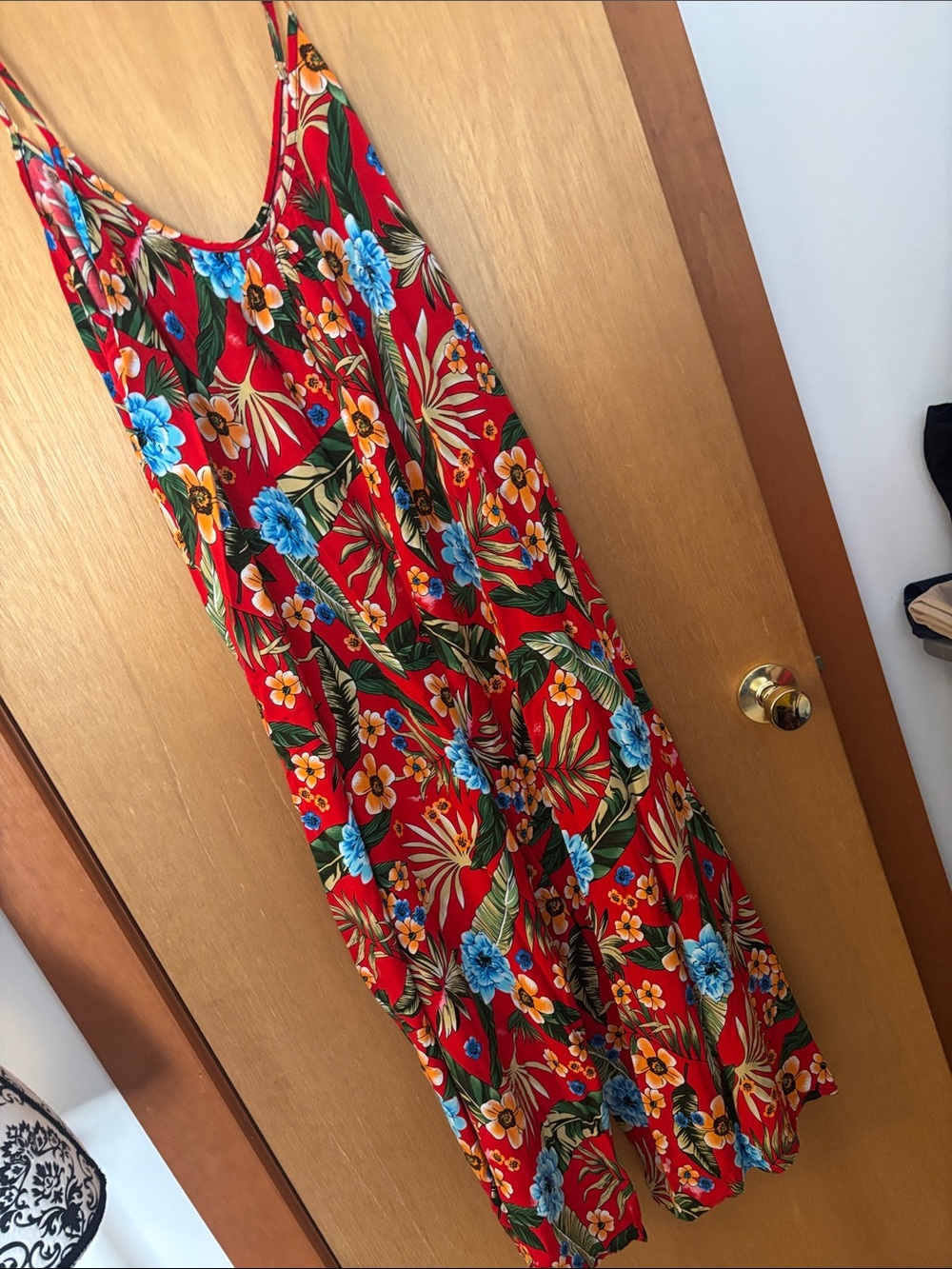 Red Tropical lounge pants one piece jumpsuit with Blue & Green Accents